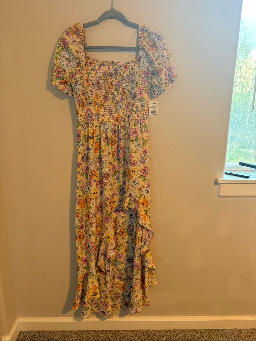 Yellow Floral High-Low Smocked Maxi Dress with Puff Sleeves